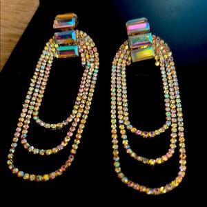 Diamond girl, multi layer, aurora borealis, dangle, earrings, gold tone